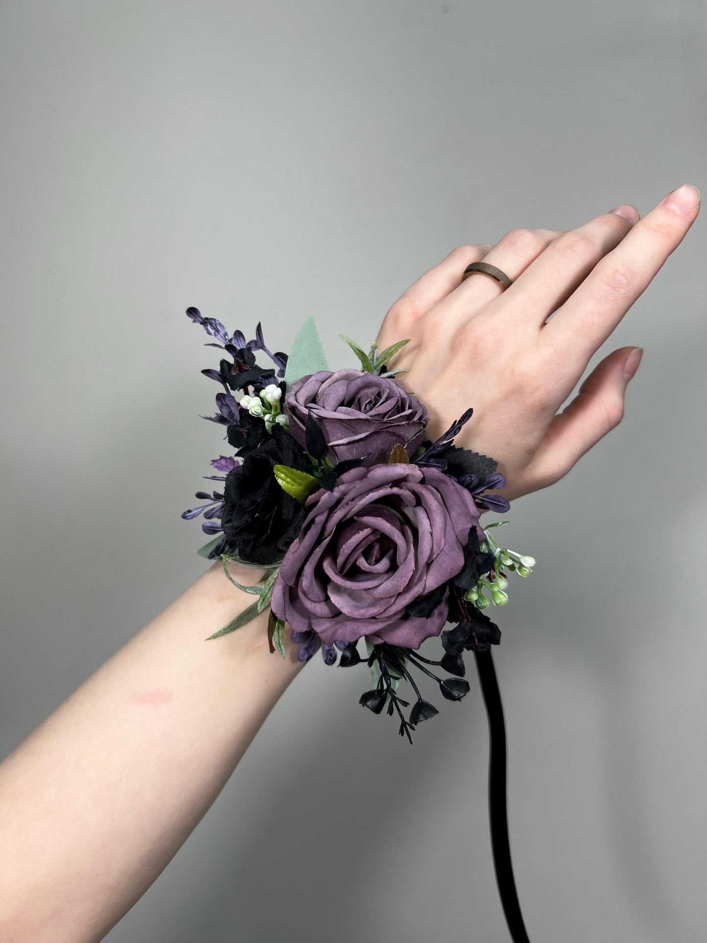 Black Purple Corsage Wedding Gothic Wrist Corsage Bridesmaids Black Plum Corsage Mom Plum Black Dark Purple Corsage Prom Artificial Flower