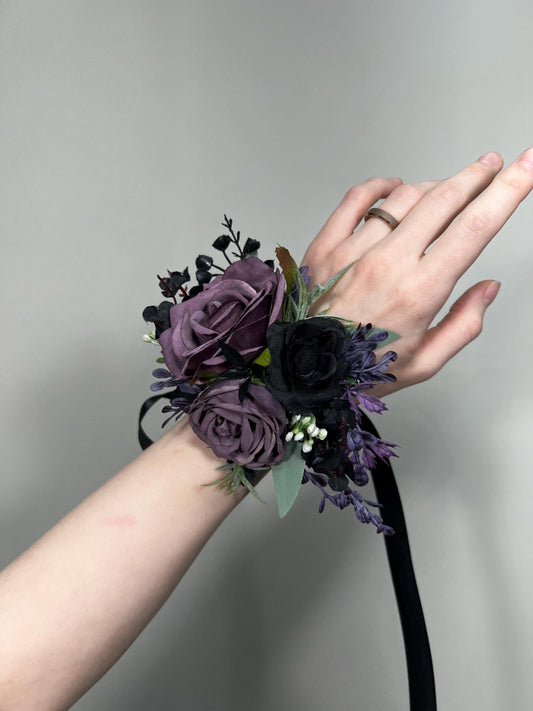 Black Purple Corsage Wedding Gothic Wrist Corsage Bridesmaids Black Plum Corsage Mom Plum Black Dark Purple Corsage Prom Artificial Flower